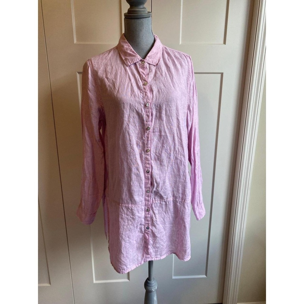 Tahari Linen Button Front Lagen Longsleeve Roll Tab Pink Large Blouse s64